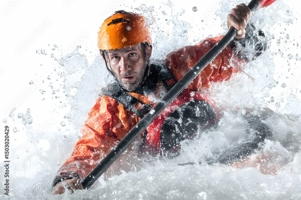 Fototapeta premium Dynamic male kayaker navigating wild, frothy rapid with energetic splash on stark white backdrop.