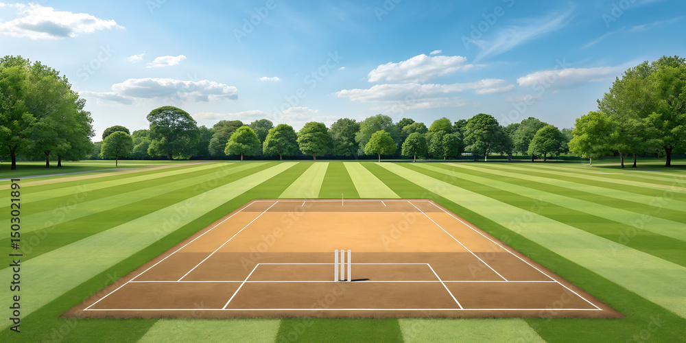 Fototapeta premium Cricket pitch green field background with blue sky and trees view