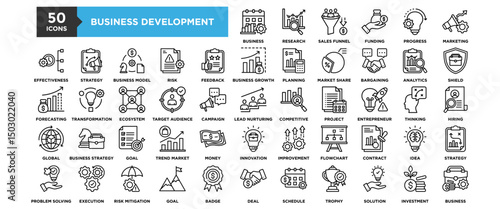 50 Business Development icon set. Containing design business, development, strategy, team, management, success