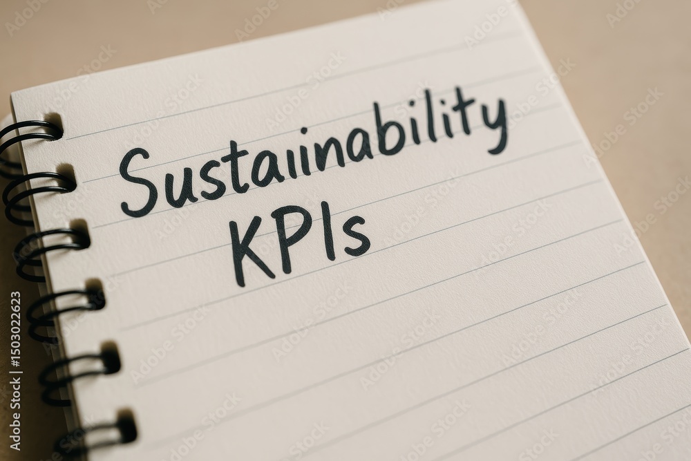 Notebook with handwritten text on sustainability KPIs for environmental performance tracking Notebook with handwritten text on sustainability KPIs for environmental performance tracking