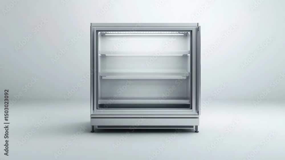 An empty dessert fridge in a coffee shop. Isolated on pure white. Mockup fridge. 3d illustration. An empty dessert fridge in a coffee shop. Isolated on pure white. Mockup fridge. 3d illustration.