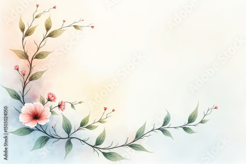 Beautiful watercolor floral arrangement with pink blossoms and green leaves on a white background.