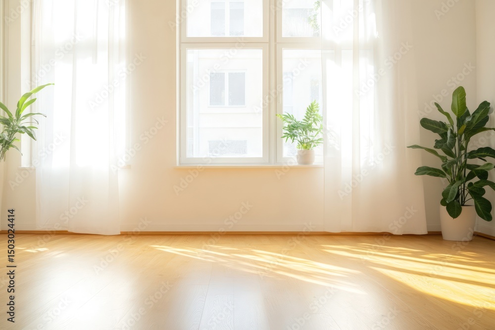 Fototapeta premium Bright interior with sunlight streaming through windows and potted plant accents