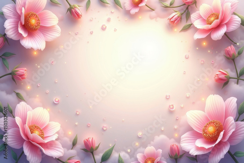 A beautiful pastel floral design with pink flowers and delicate details creates a romantic border.