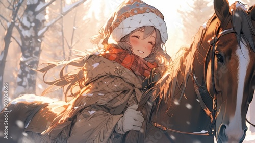 Anime Girl and Horse: Magical Winter Adventure in Cozy Anime Style Artwork