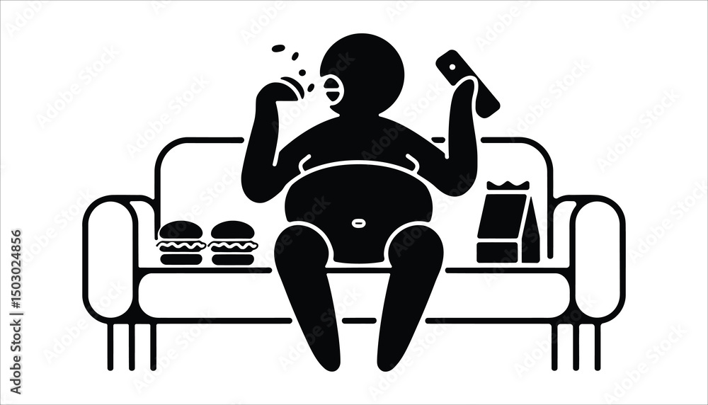 Obese Man Eating Fast Food on Couch Vector Silhouette