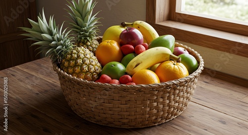 Wallpaper Mural Handwoven Basket Filled With Fresh Tropical Fruits on a Rustic Wooden Table Torontodigital.ca