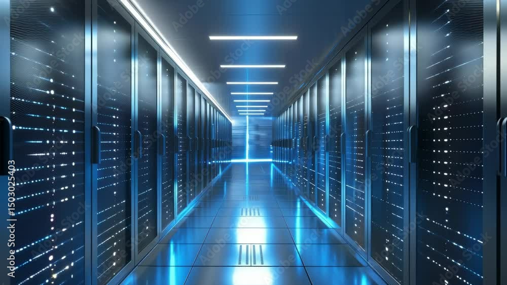 Futuristic data center with glowing blue lights, captured from a low-angle perspective, resembling a sci-fi video game environment. Live desktop wallpaper. Futuristic data center with glowing blue lights, captured from a low-angle perspective, resembling a sci-fi video game environment. Live desktop wallpaper.