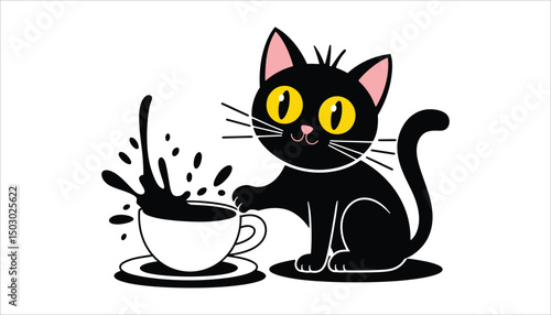 Cute Black Cat Spilling Coffee Vector Illustration