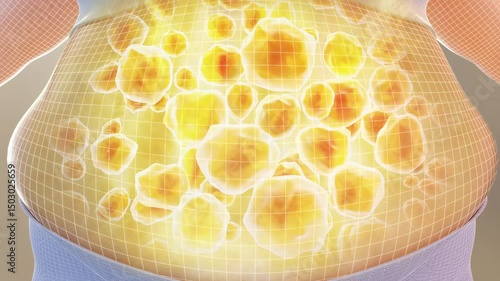 Lose weight by burning belly fat, fat cells burning, obese people become slimmer, fitness and body shaping, body management solution, 3D animation.