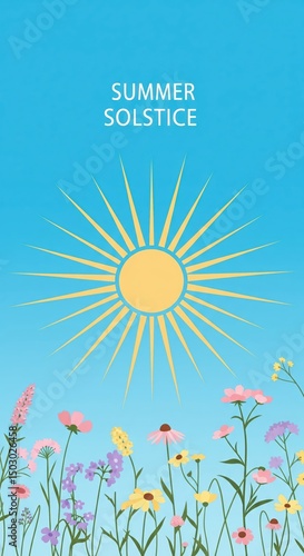 Celebrate summer solstice with a bright sun shining over a field of colorful wildflowers, symbolizing the longest day of the year and the abundance of nature's beauty in full bloom