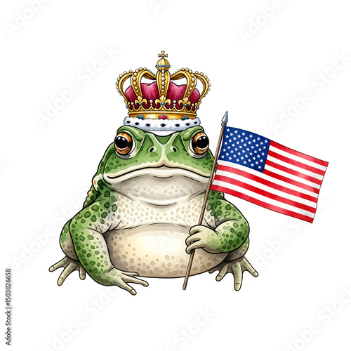 Patriotic frog king with american flag isolated on white background