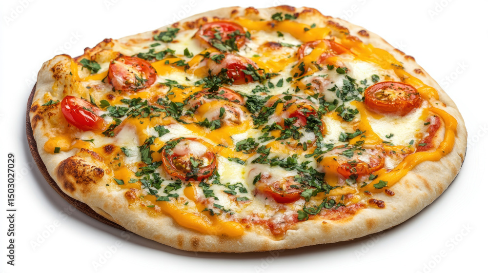 Colorful naan pizza with melted cheese, cherry tomatoes, and herbs, on rustic wooden, fusion cuisine concept ,Isolated on pure white. Colorful naan pizza with melted cheese, cherry tomatoes, and herbs, on rustic wooden, fusion cuisine concept ,Isolated on pure white.