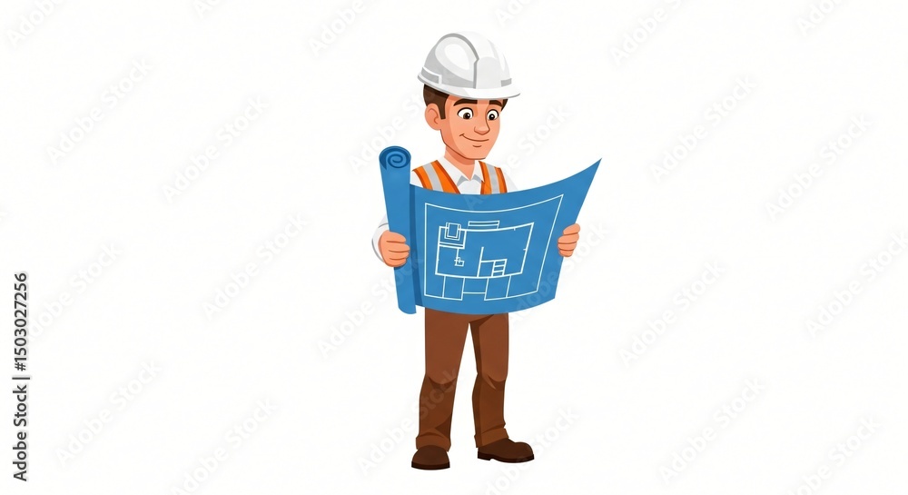 Fototapeta premium Construction Worker Reviewing Blueprint Architectural Design & Engineering Illustration