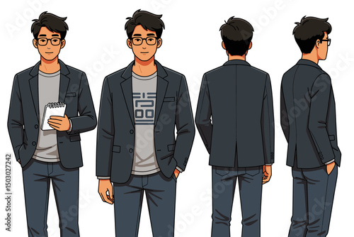 Asian man in his 30s, casual blazer over graphic tee, smart pants, digital notepad under arm, glasses, thoughtful expression
