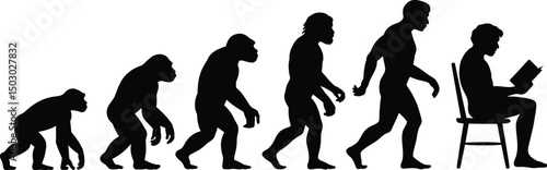 The evolution of man from ape to modern human reading a book