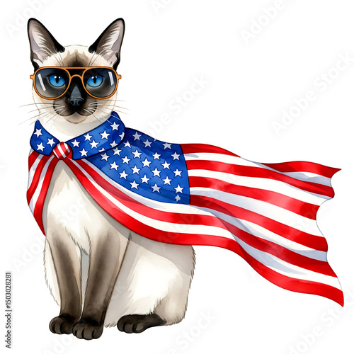 Patriotic siamese cat in sunglasses and cape isolated on white background