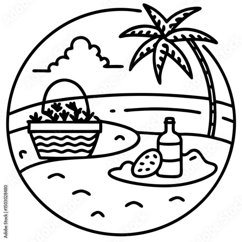 Picnic basket with snacks and drinks on the sandy beach  