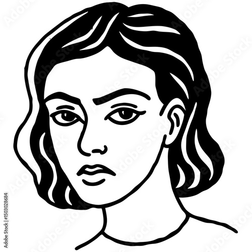 Abstract illustration of a woman with short hair and serious expression  