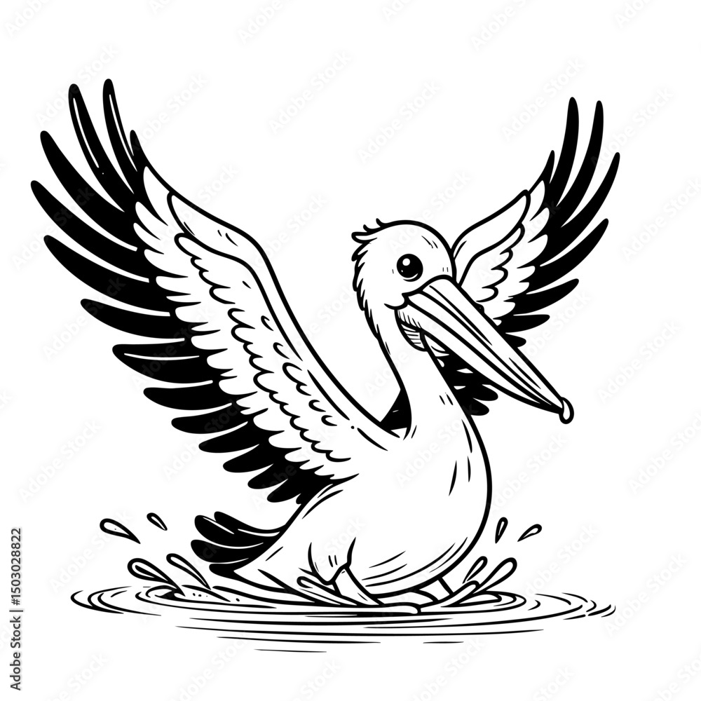 Fototapeta premium Pelican in Water: A Black and White Illustration