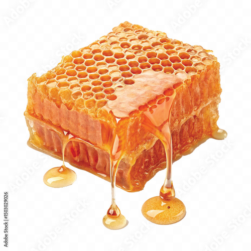 realistic  glossy honeycomb with flowing liquid honey  isolated on transparent background