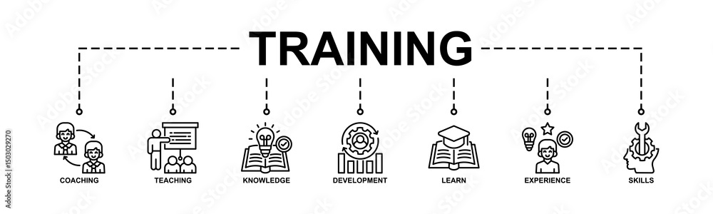 Training Banner Web Icon Vector Illustration Concept With Icon Of Coaching, Teaching, Knowledge, Development, Learn, Experience, Skills. Training Banner Web Icon Vector Illustration Concept With Icon Of Coaching, Teaching, Knowledge, Development, Learn, Experience, Skills.