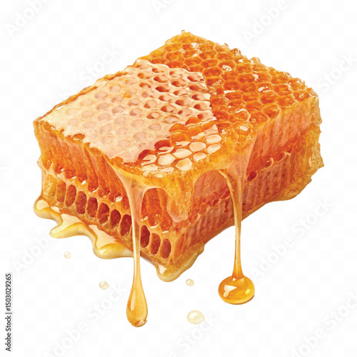 realistic  glossy honeycomb with flowing liquid honey  isolated on transparent background