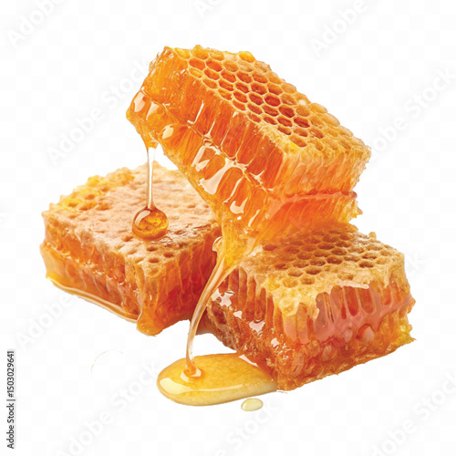 realistic  glossy honeycomb with flowing liquid honey  isolated on transparent background