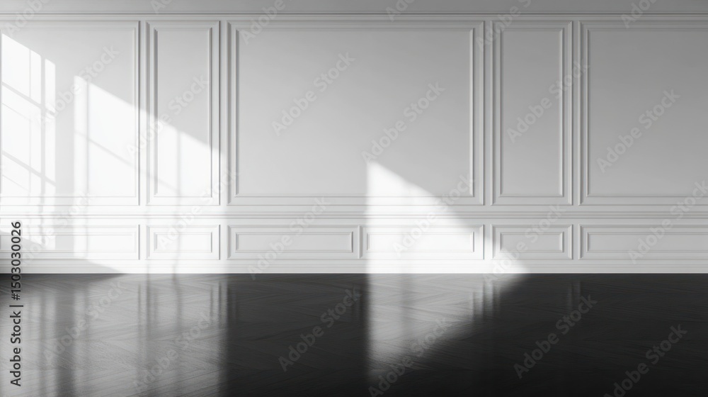 Obraz premium Empty room with paneled walls and sunlight casting shadows on the dark floor.