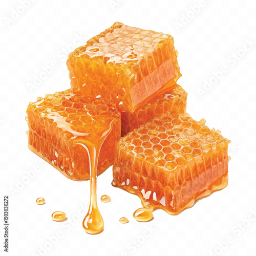 realistic  glossy honeycomb with flowing liquid honey  isolated on transparent background