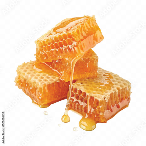 realistic  glossy honeycomb with flowing liquid honey  isolated on transparent background