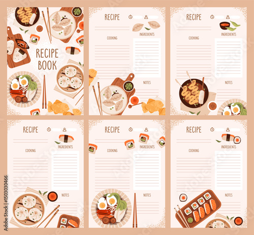 Asian food planner or recipe book. Colorful layout featuring traditional dishes, ramen, sushi, onigiri, and dim sum, along with meal schedule elements and culinary ingredients. Recipe sheets