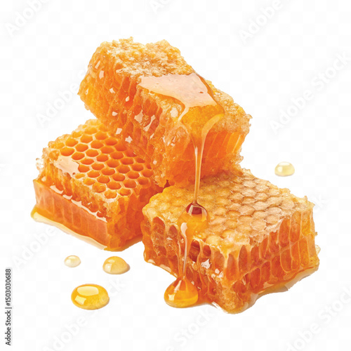 realistic  glossy honeycomb with flowing liquid honey  isolated on transparent background