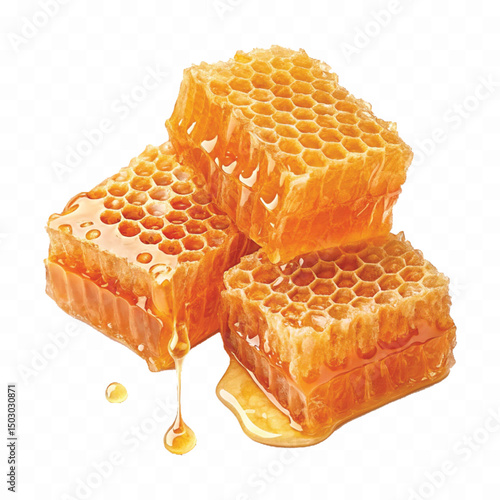 realistic  glossy honeycomb with flowing liquid honey  isolated on transparent background