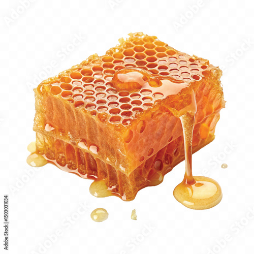 realistic  glossy honeycomb with flowing liquid honey  isolated on transparent background