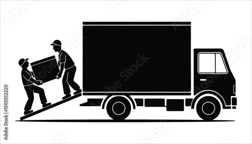 Moving Truck Workers Loading Boxes Silhouette Vector Illustration