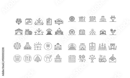 Event planning icon set. Icons in linear style collection. Containing decorations, venue, event planner, registration, entertainment, catering, invitations, coordination and more. Vector illustration 