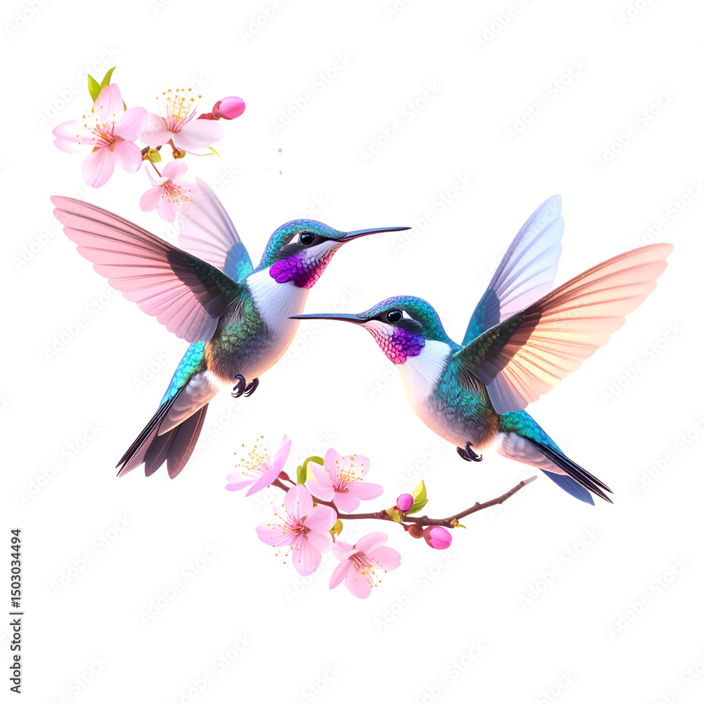 Obraz premium Hummingbird Dance: Two vibrant hummingbirds gracefully soar amidst delicate cherry blossoms, captured in a moment of pure freedom and the beauty of nature.