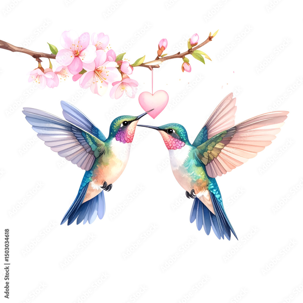 Fototapeta premium Hummingbirds' Love: Two iridescent hummingbirds share a tender moment beneath delicate blossoms, a vibrant depiction of love and connection.