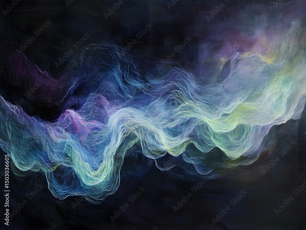 Fototapeta premium an abstract ethereal flowing pattern in shades of blue and purple, resembling smoke or clouds, on dark tone