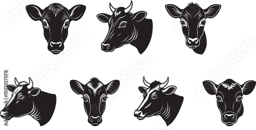Black and white vector tribal tattoo set featuring a cute farm animal head silhouette of a cow or bull