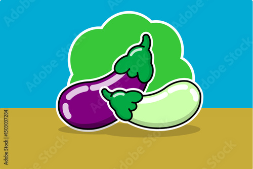 vector illustration two eggplant purple and light green, fresh fruit