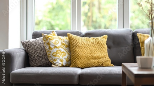Boho living room with gray sofa and yellow pillows  a cozy and stylish retreat