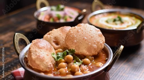 Cinematic close-up of chickpea curry with poori in copper bowl, orbiting and zooming camera motion