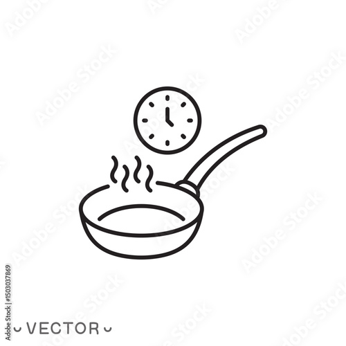 cooking time icon, frying pan, time cook food, thin line symbol isolated on white background, editable stroke eps 10 vector illustration