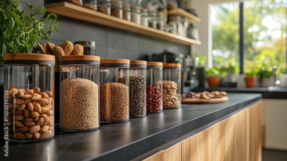 Modern kitchen pantry with various whole grains and nuts Modern kitchen pantry with various whole grains and nuts