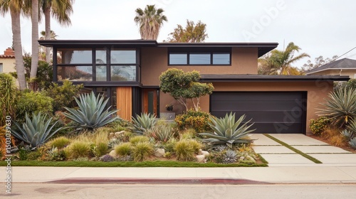 Modern house with drought-tolerant landscaping and a two-car garage.