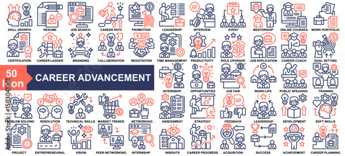 "Career Advancement" icon collection set. Skill Growth, Resume, Job Search, Career Path, Promotion Goal icon. Simple line Color vector.