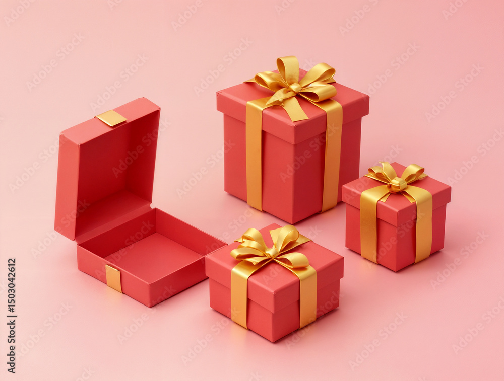 Obraz premium A set of red gift boxes with golden ribbons