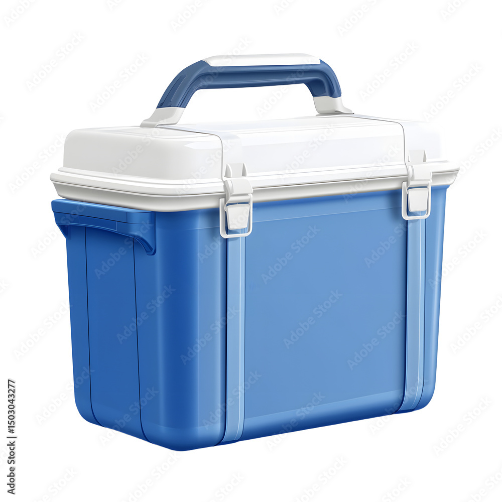 Blue rectangular cooler with white lid and handle on transparent background Blue rectangular cooler with white lid and handle on transparent background